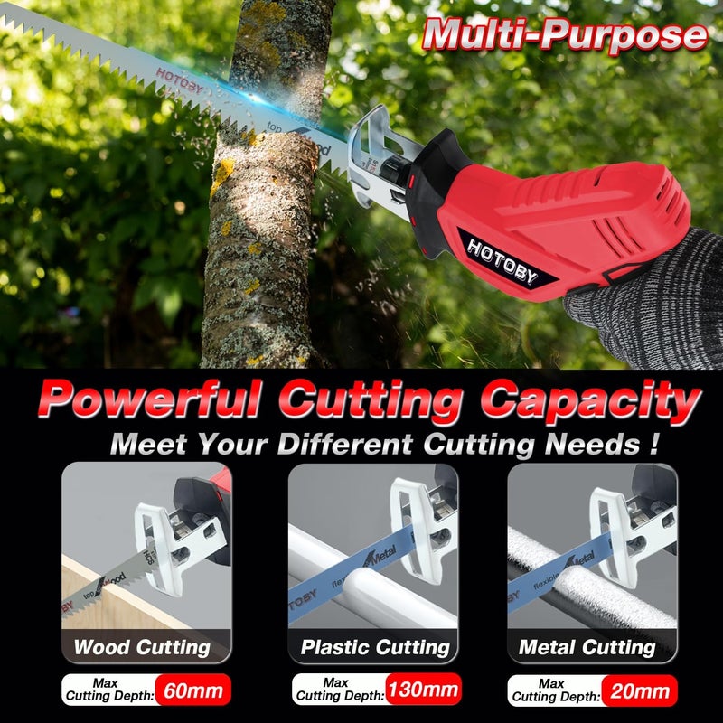 hotoby Reciprocating Saw, Cordless, Electric Reciprocating Saw with 2 Batteries, Includeds 8 Blades Kit, Tool-free Blade Change, Variable Speed, Multi-Purpose, For DIY Wood Metal PVC Cutting (Red) - Image 2